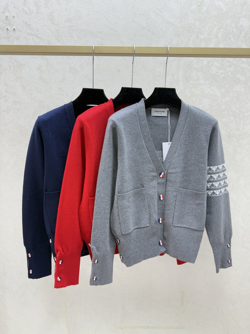 Thom Browne Gray, Red and Royal Blue Back Sausage Dog V-Neck Knit Long Sleeve Cardigan