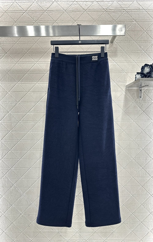 Miu Miu Drawstring Wide-Leg Trousers with Letter Logo and Vertical Stripes