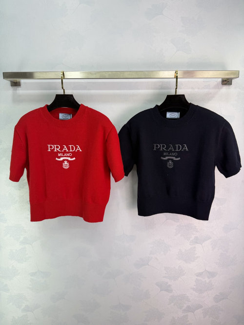 Prada Round Neck Short Sleeve Knit with Color - Block Logo, Versatile Style
