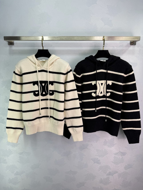 Celine Striped Hooded Knit Sweater with Letter Embroidery, Casual Style