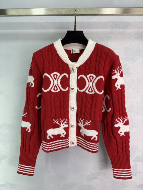 Celine Color Block Triomphe Round Neck Knit Cardigan, Imported Wool Blend