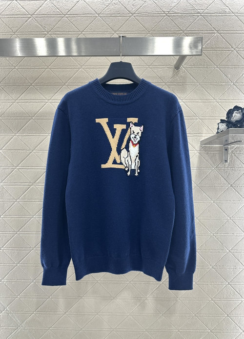 Louis Vuitton Blue and White Dog Hooked Knit Sweater with Letter Logo