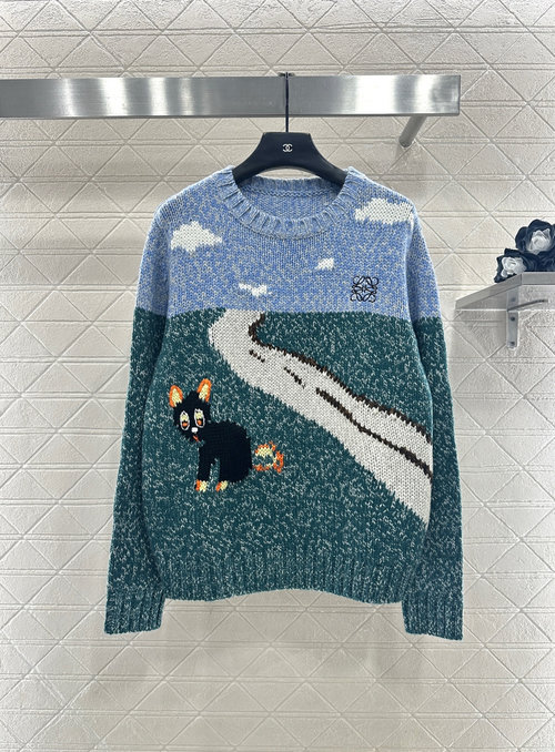 Loewe Round Neck Knitted Sweater with Cat and Logo Decor