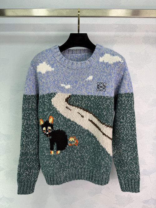 Loewe Color-Block Pullover Sweater with Cartoon Cat Embroidery and Figurine Logo