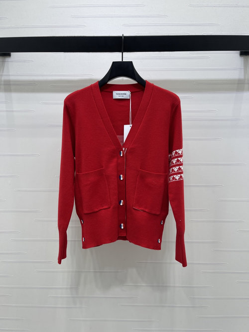 Thom Browne V-Neck Knit Cardigan with Geometric Arm Stripes