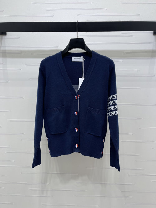 Thom Browne V-Neck Knit Cardigan with Geometric Arm Stripes