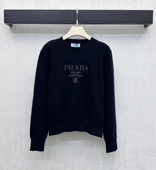 Prada Round Neck Embroidered Knit Long Sleeve Top