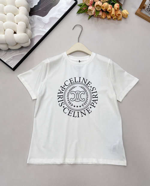 Celine Round Badge and Letter Printed T-shirt