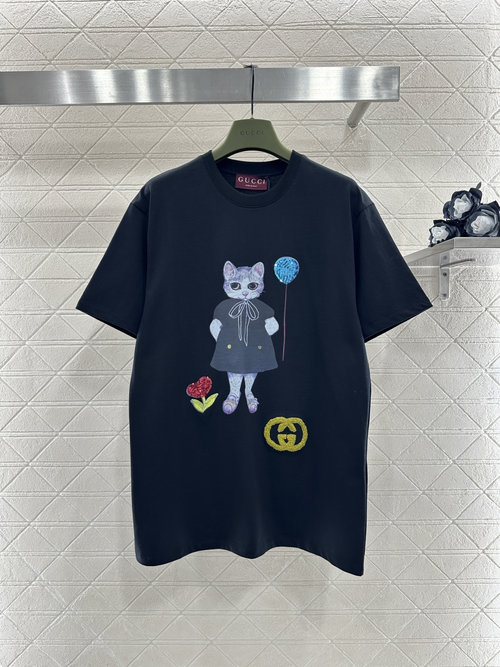 Gucci Custom All-Cotton Short-Sleeve Shirt with Beaded Embroidery Kitten Print, Available in Two Colors