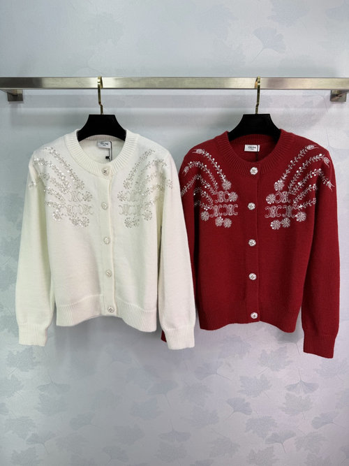 Celine Custom Knit Open Cardigan with Beaded Embroidery and Arch - shaped Buttons