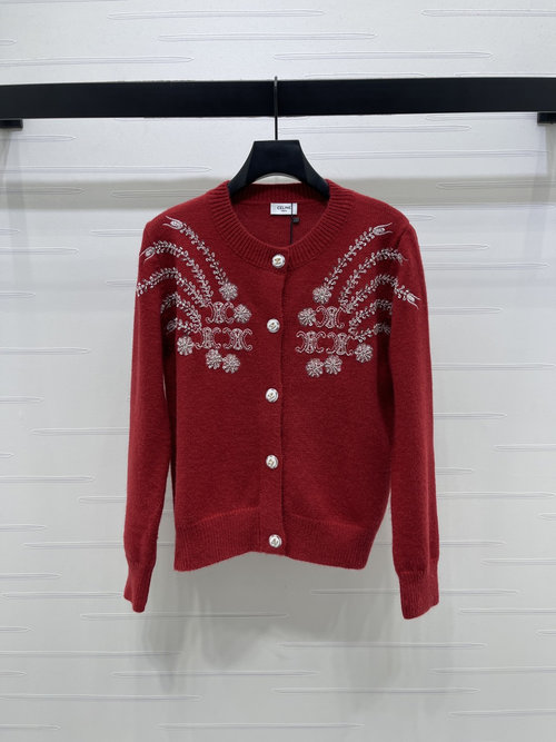 Celine Luxurious Knitted Cardigan with Beaded Embroidered Arch and Custom Buttons