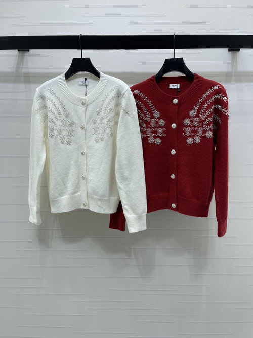 Celine Luxurious Knitted Cardigan with Beaded Embroidered Arch and Custom Buttons