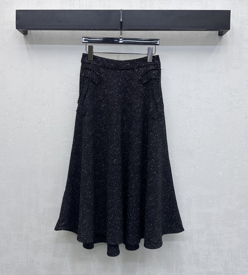 Chanel Imported Woolen Midi Skirt with Sequins and Logo Fringe