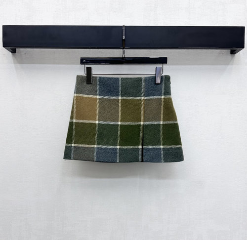 Miu Miu Blended Wool Checked Slit Skirt with Embroidered Logo