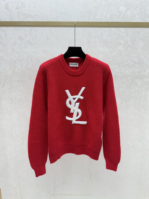 Yves Saint Laurent Contrast Letter Round Collar Red Knit Long Sleeve