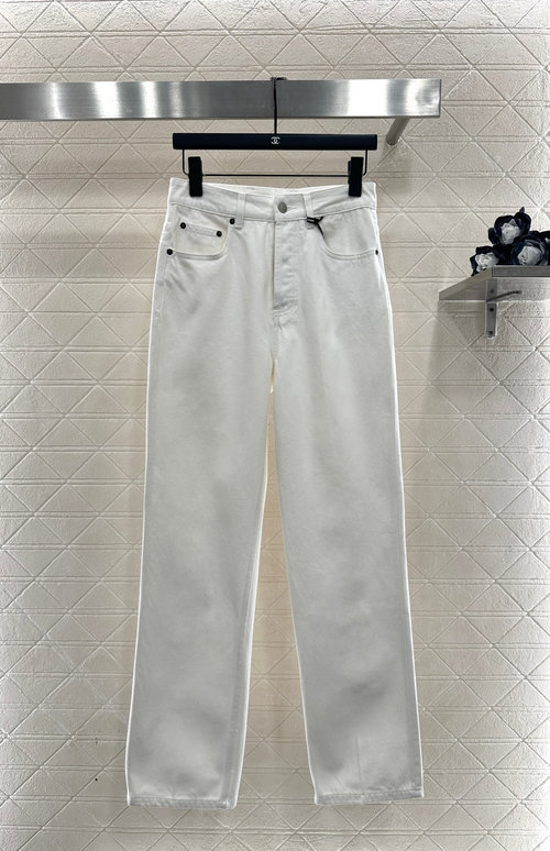 Celine Custom Denim Straight-Leg Pants with Leather Patch, Retro Design