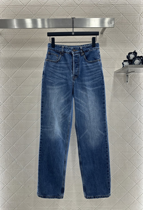 Celine Custom Denim Straight-Leg Pants with Leather Patch, Retro Design