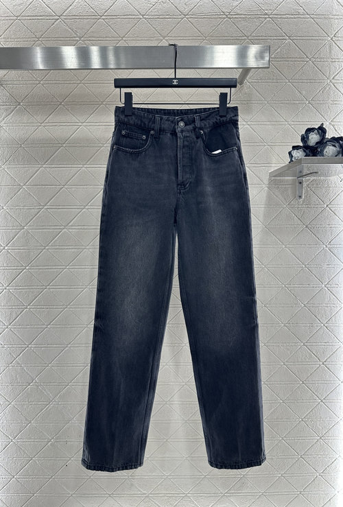 Celine Custom Denim Straight-Leg Pants with Leather Patch, Retro Design