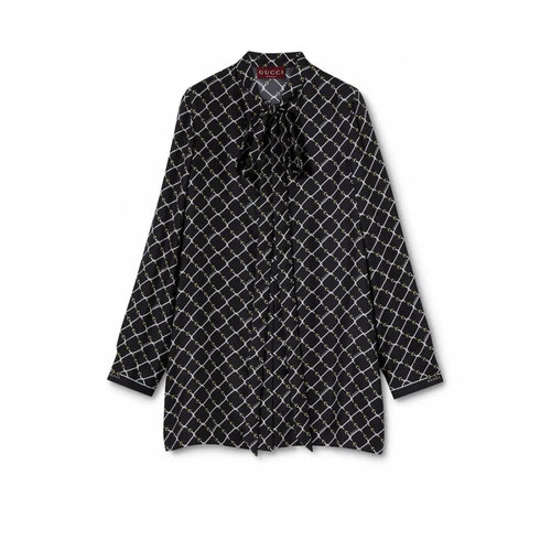 Gucci Silk Satin Dress with Diamond Horsebit Pattern and Bowtie Collar