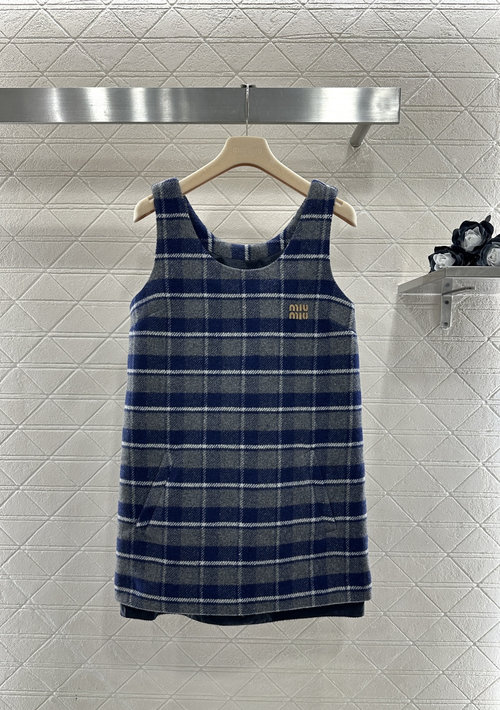 Miu Miu Checked Wool Sleeveless Logo Dress for a Sophisticated Look