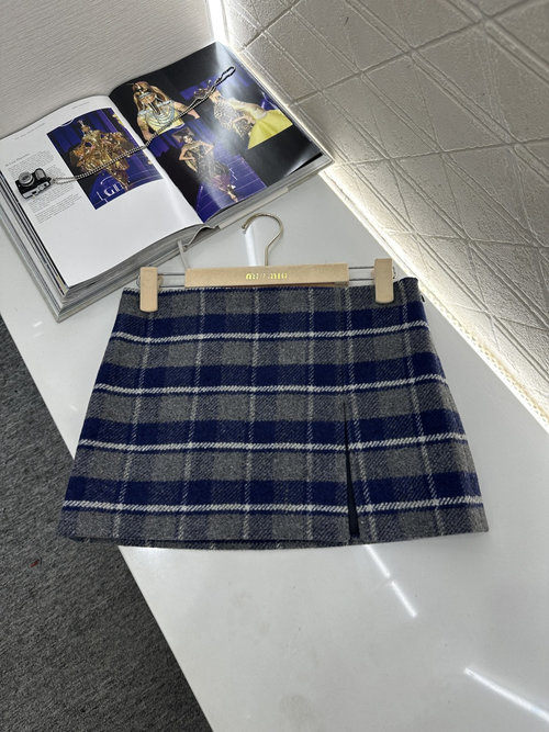 Miu Miu Checked Wool Slit Logo Skirt for a Fashionable Appearance