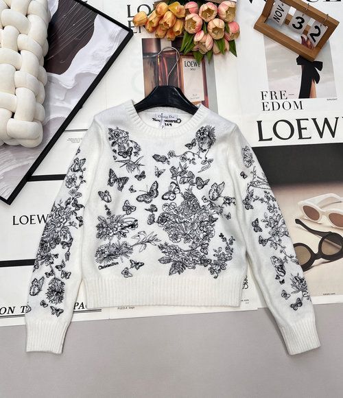 Dior Opulent Wool Sweater with Floral Butterfly Motif and French Flair