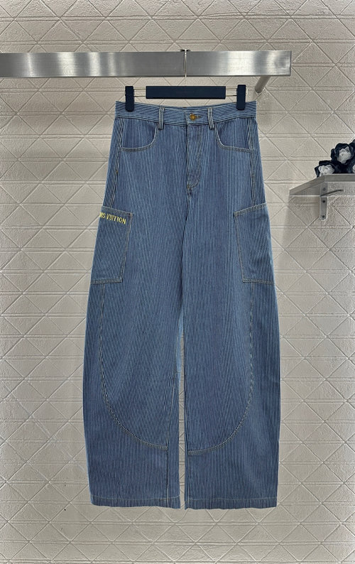 Louis Vuitton Bespoke Twill Denim Wide-Leg Pants with Striped and Embroidered Accents