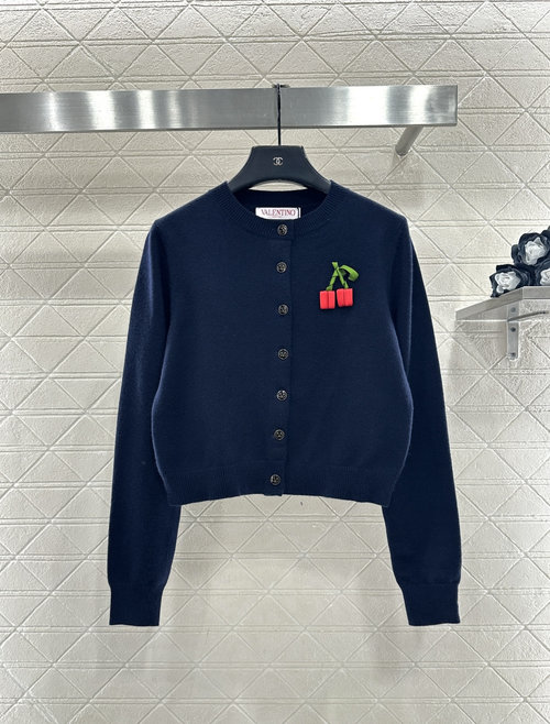 Valentino Bespoke Wool Knit Cardigan with Three-Dimensional Cherry Design and V-Neck Buttons