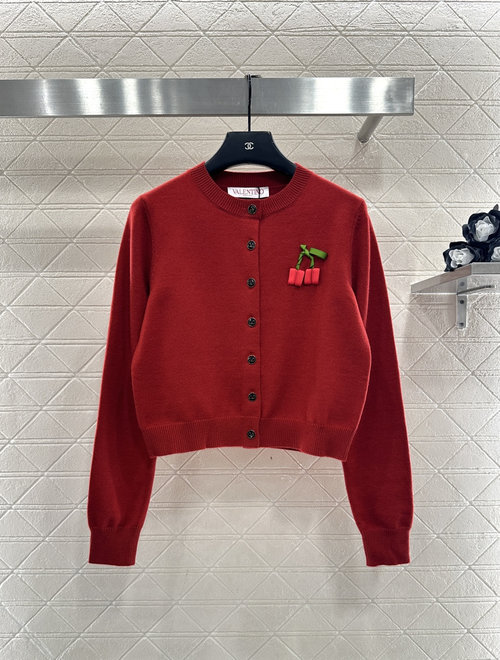 Valentino Bespoke Wool Knit Cardigan with Three-Dimensional Cherry Design and V-Neck Buttons