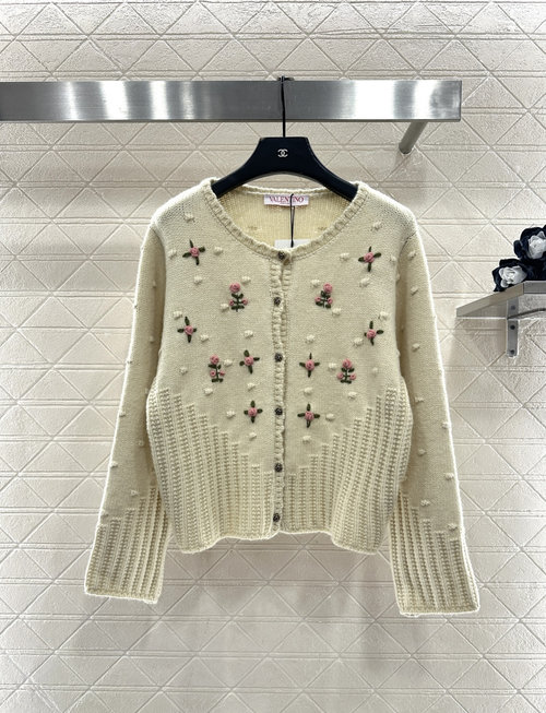 Valentino Bespoke Wool Knit Cardigan with Floral Embroidery and Wavy Lace Trim