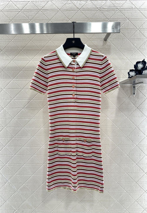 Chanel Striped Knit Dress with Refined Decorations
