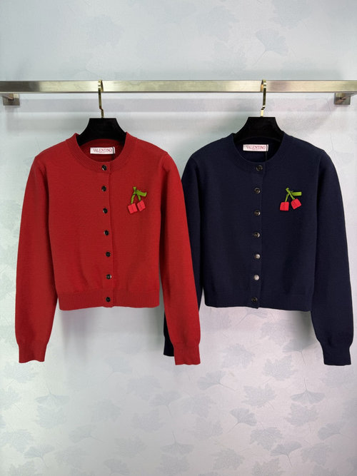 Valentino Cherry Embroidered Short Knit Cardigan with Round Neck