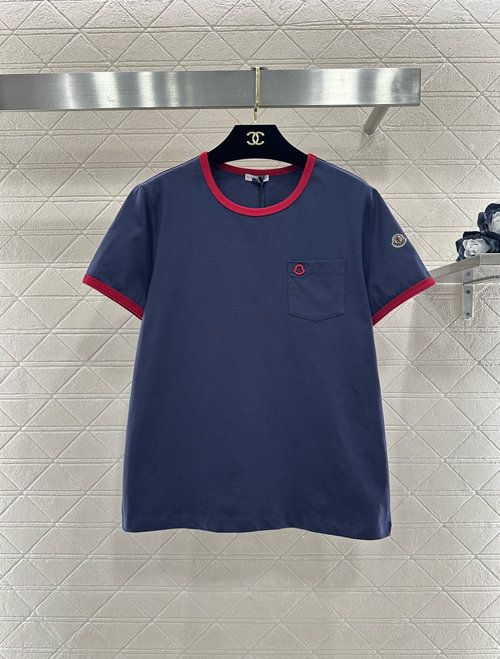 Moncler Cotton Short Sleeve T-shirt with Thread Collar and Embroidered Shield, Sophisticated