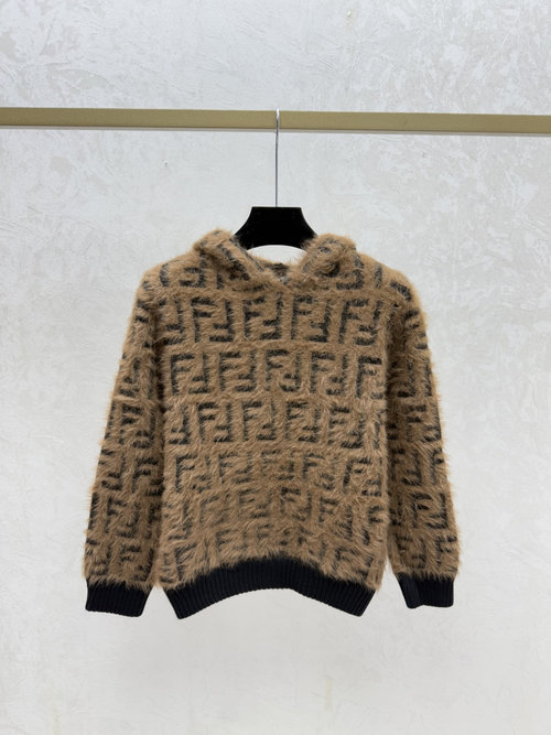 Fendi Hooded Color-Blocked Vintage Letter Knit Long Sleeve in Coffee