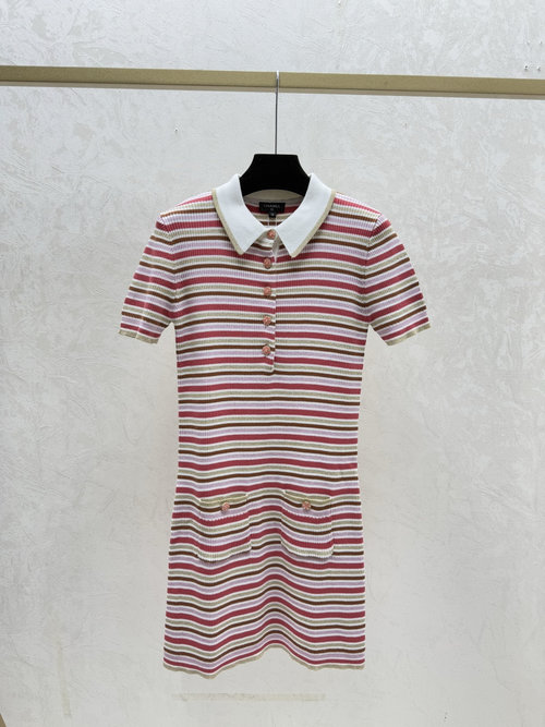 Chanel Color-Blocked Striped Collared Knit Dress in Red