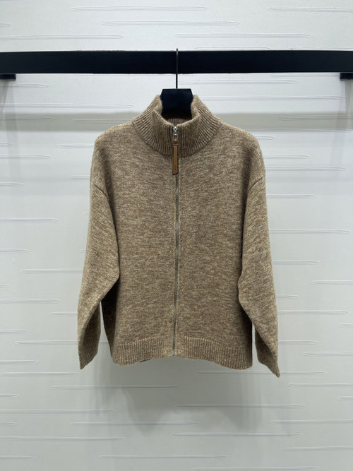 Loewe Zip-Up Knitted Cardigan with Ribbed Edges and Leather Zipper Pull