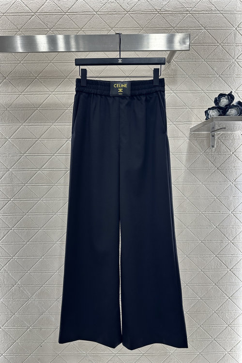 Celine Imported Wool Wide-Leg Trousers with Leather Logo
