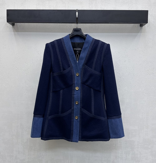 Chanel V-Neck Denim Spliced Blazer with Signature Buttons