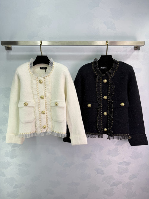 Balmain Knit Coat Featuring Gold Buttons and Ruffled Detailing