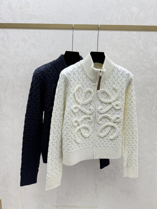 Loewe Solid Letter High-Collar Knit Long-Sleeve Cardigan in White and Royal Blue