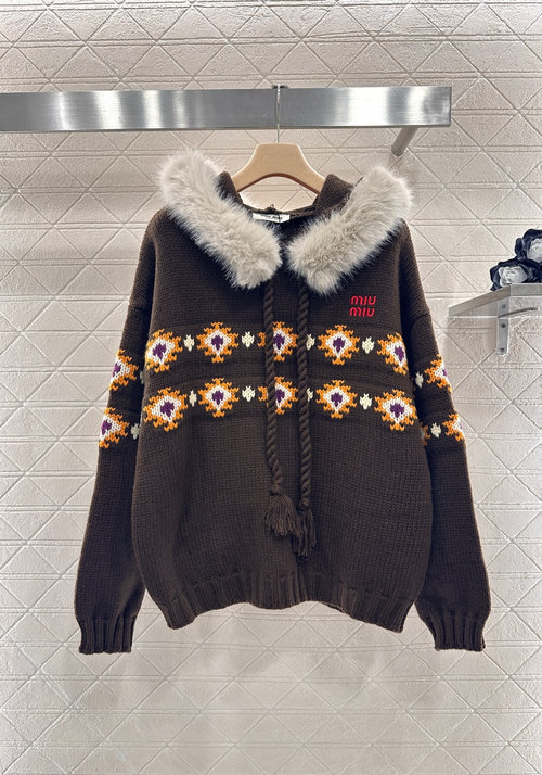 Loro Piana Fox Fur Trim Hooded Knitted Pullover Sweater with Ethnic Style Pattern