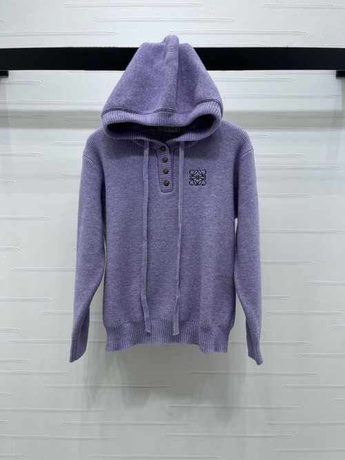 Loewe Luxurious Hooded Half-Button Knit Pullover Sweater with Emblem Ornament