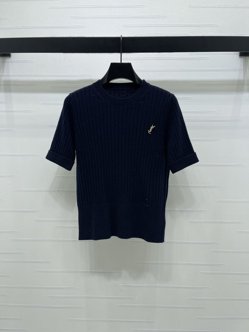 Yves Saint Laurent Round Neck Knitted Short Sleeve with Vertical Pit Stripes and Brooch for Graceful Style