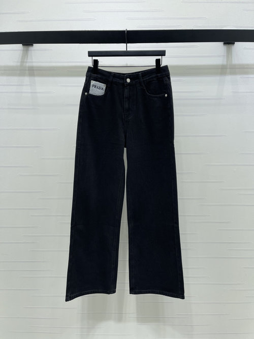 Prada Triangle Logo Denim Trousers with Lamb Wool Embroidery