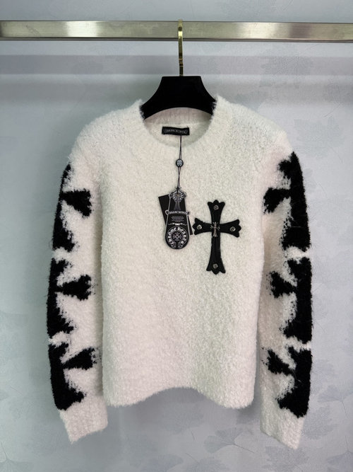 Chrome Hearts Black and White Contrast Fuzzy Jacket with Cross Decoration, Stylish Design