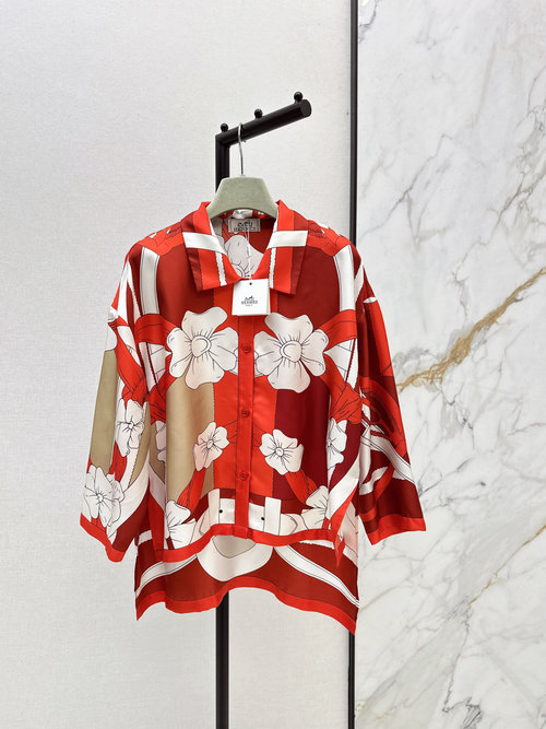 Hermes Art Floral Print Silk Shirt with Loose Fit, Elegant and Slimming