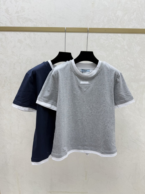 Prada Contrasting Color Mock Two-Piece Round-Neck Knit Short-Sleeve in Gray and Sapphire Blue