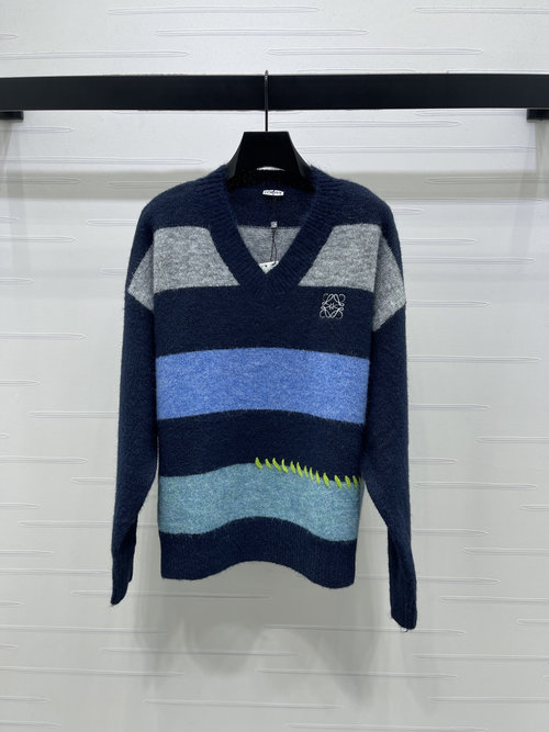 Loewe Classic Striped V-neck Knit Sweater with Logo