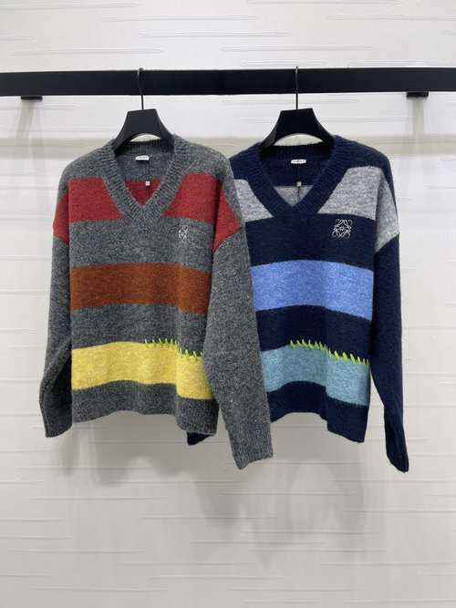 Loewe Classic Striped V-neck Knit Sweater with Logo