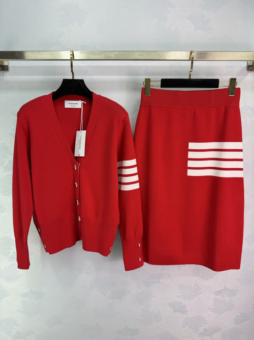 Thom Browne Classic V-Neck Cardigan and High-Waist Skirt Wool Knitted Set
